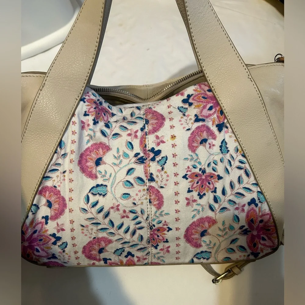 Lucky Brand Genuine Leather & Fabric Floral hHandbag NWT